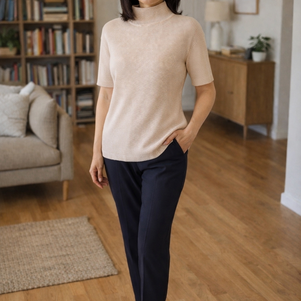 Silk Mock Neck Light Pink Beige Short Sleeve Sweater